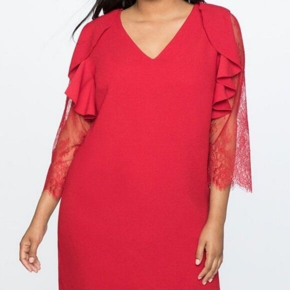ELOQUII Red Lace Sleeve Ruffle Accent Shift Dress - Size 18 - Picture 1 of 11
